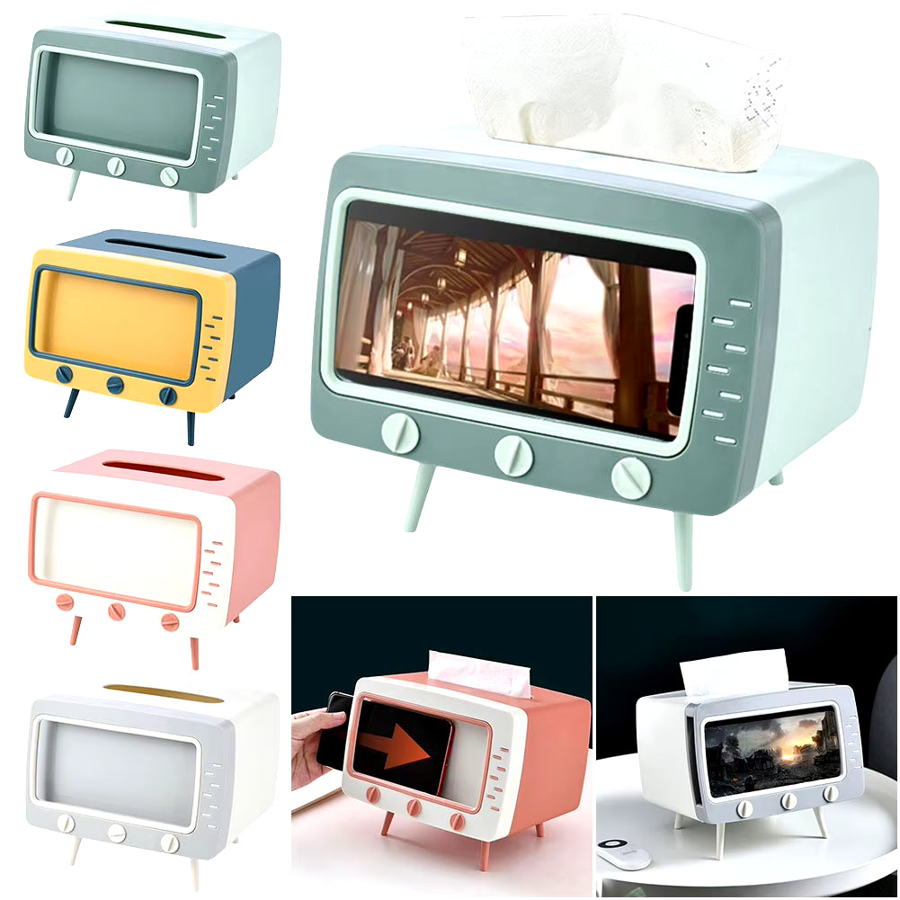 Cartoon TV Tissue Box with Phone Holder – Kawaii Desktop Decor for Home, Office & Bathroom