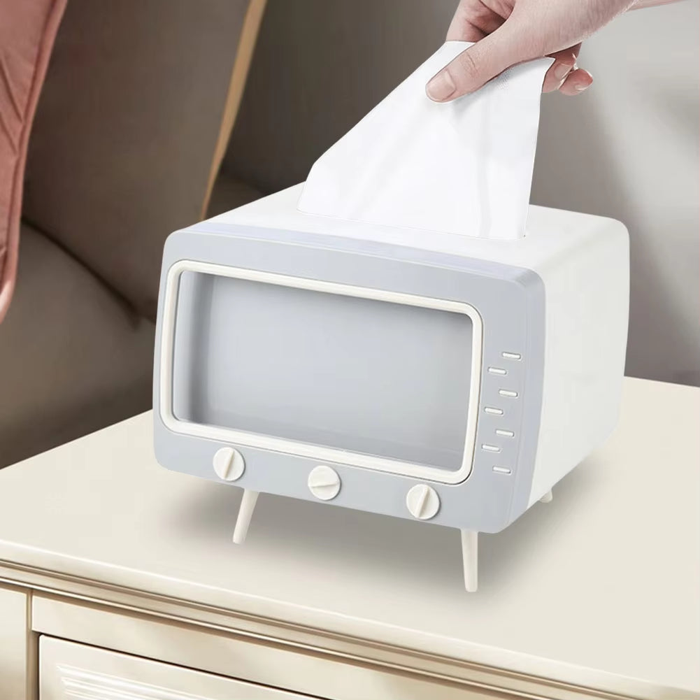 Cartoon TV Tissue Box with Phone Holder – Kawaii Desktop Decor for Home, Office & Bathroom