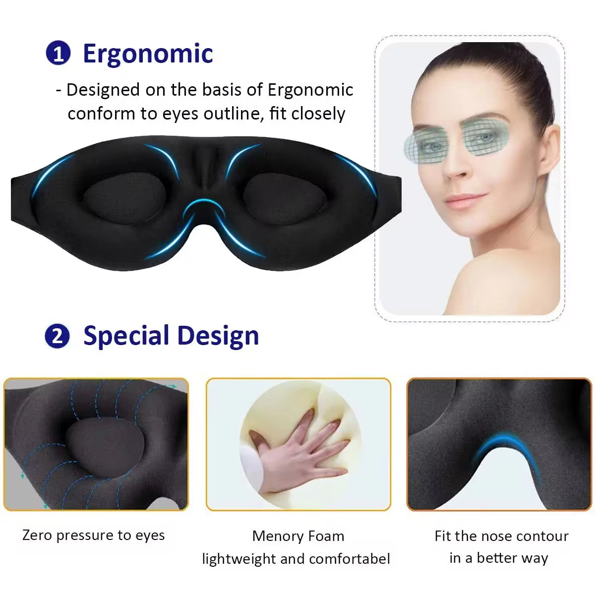 3D Contoured Eye Mask for Sleeping - Light-Blocking Comfort for Men & Women