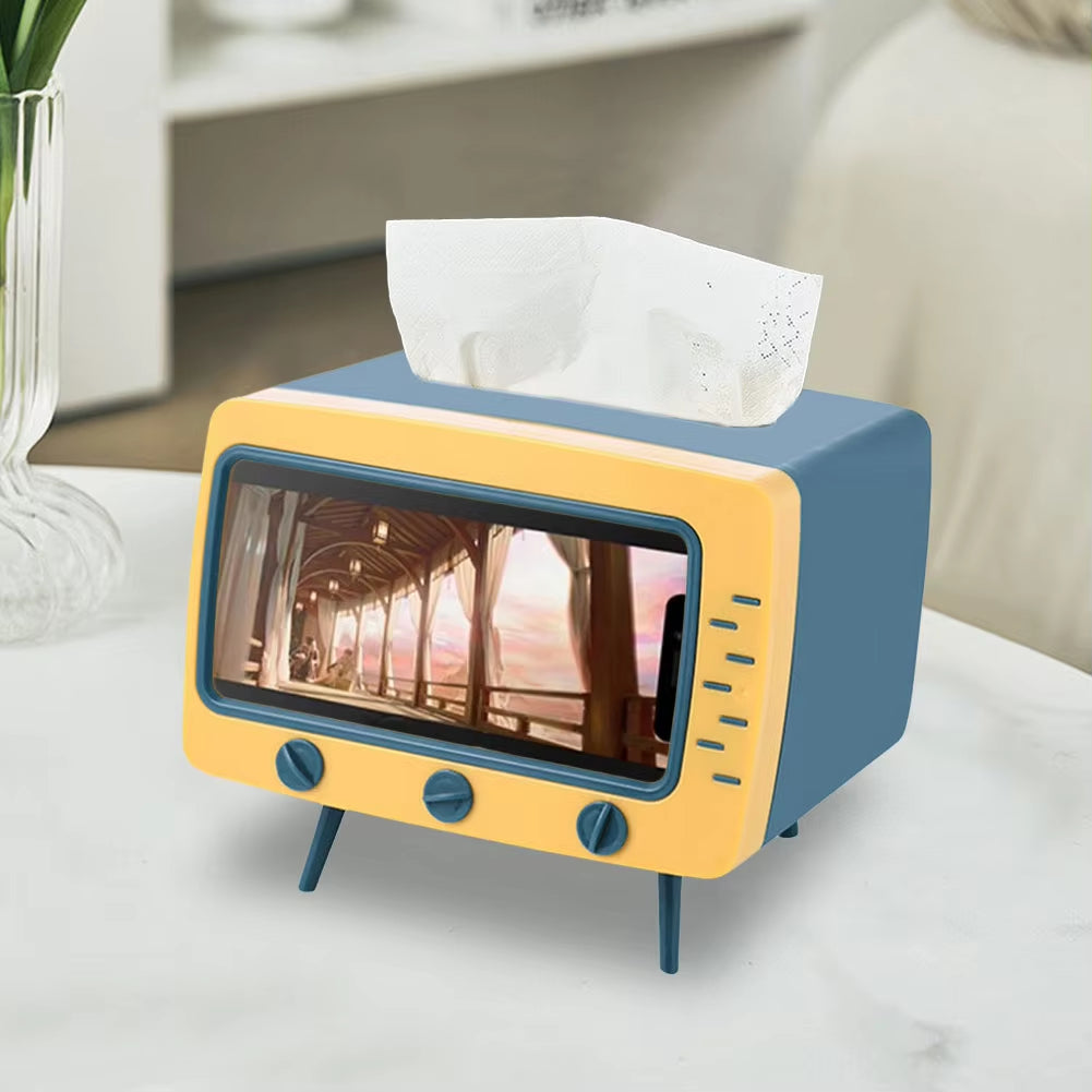 Cartoon TV Tissue Box with Phone Holder – Kawaii Desktop Decor for Home, Office & Bathroom