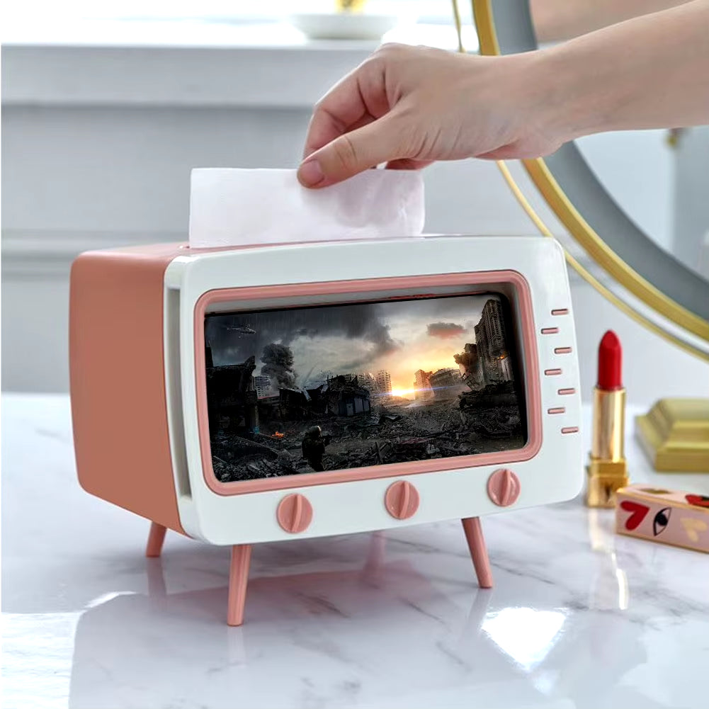 Cartoon TV Tissue Box with Phone Holder – Kawaii Desktop Decor for Home, Office & Bathroom