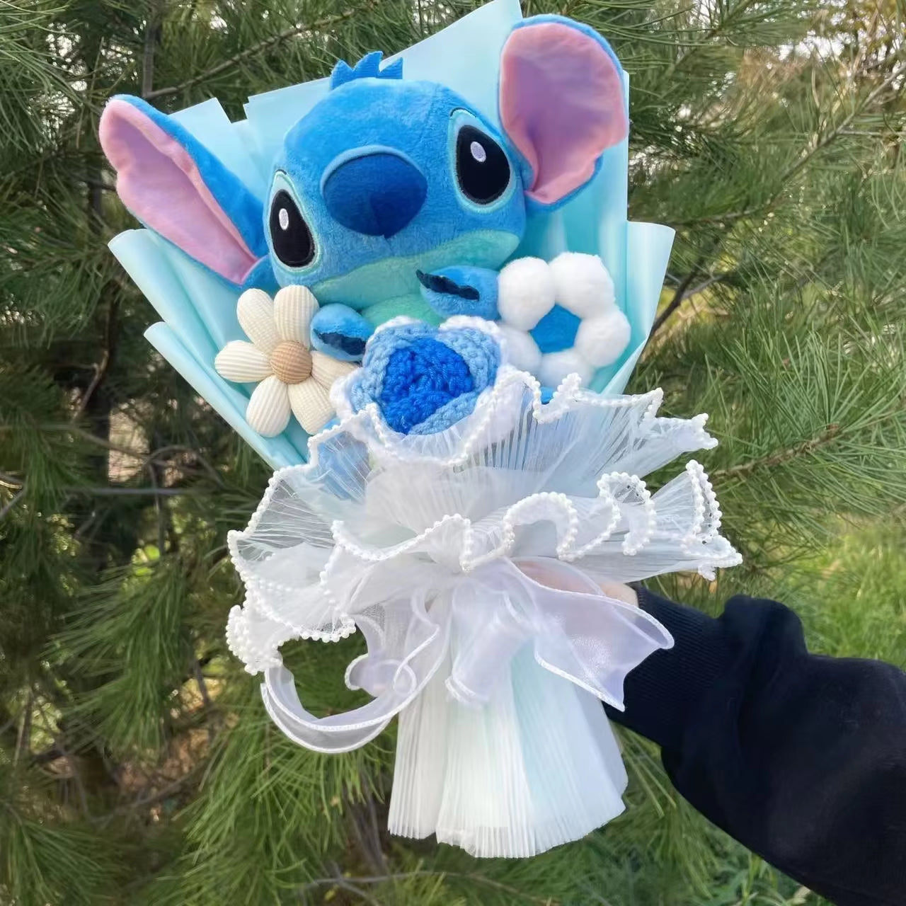 Stitch Plush Doll with Flower Bouquet – Handmade Gift for All Occasions