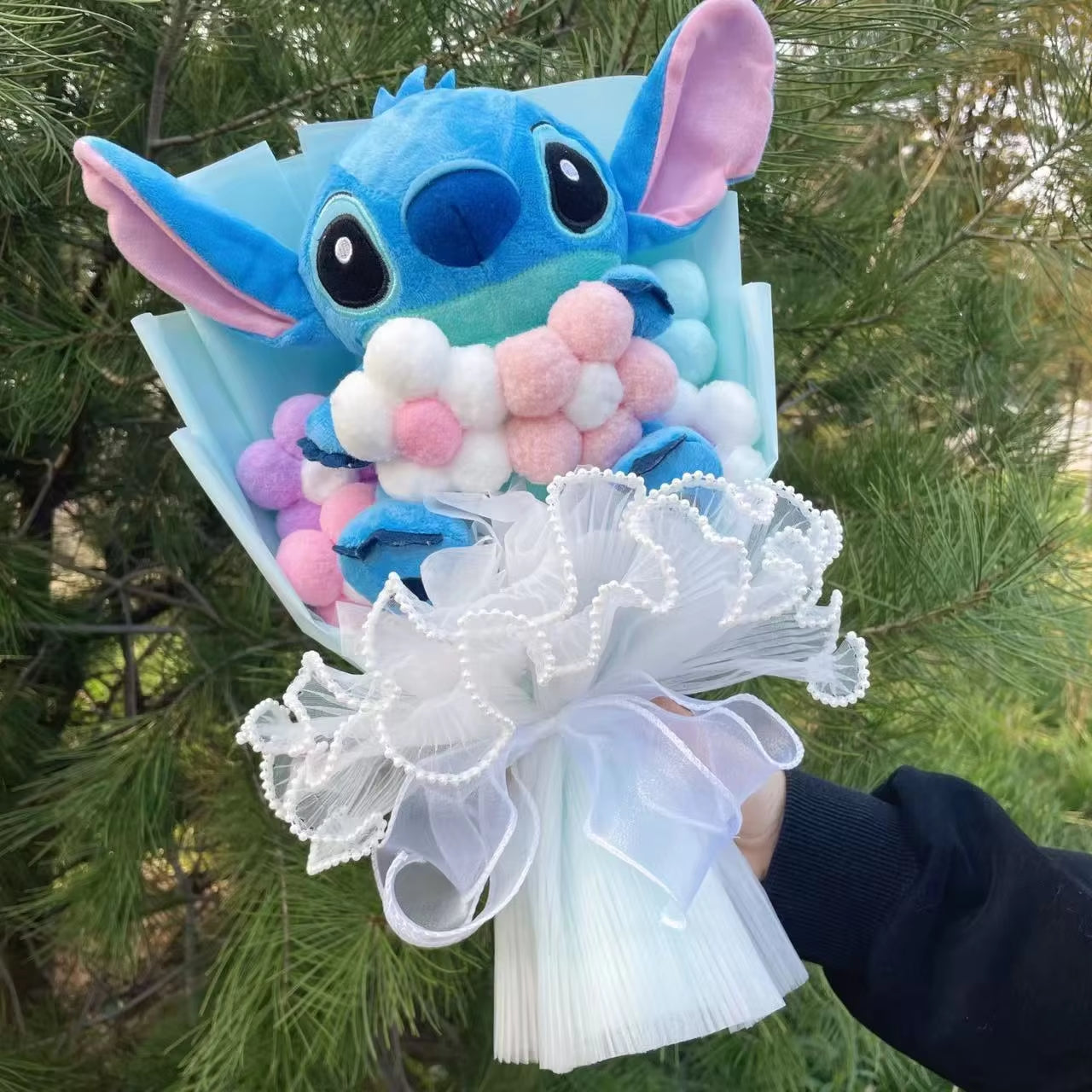 Stitch Plush Doll with Flower Bouquet – Handmade Gift for All Occasions