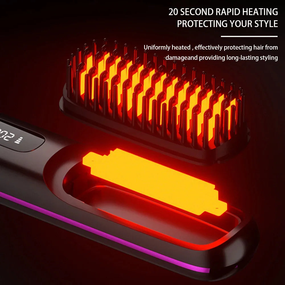 Wireless USB-Charging Hair Straightener Brush – Adjustable Heat