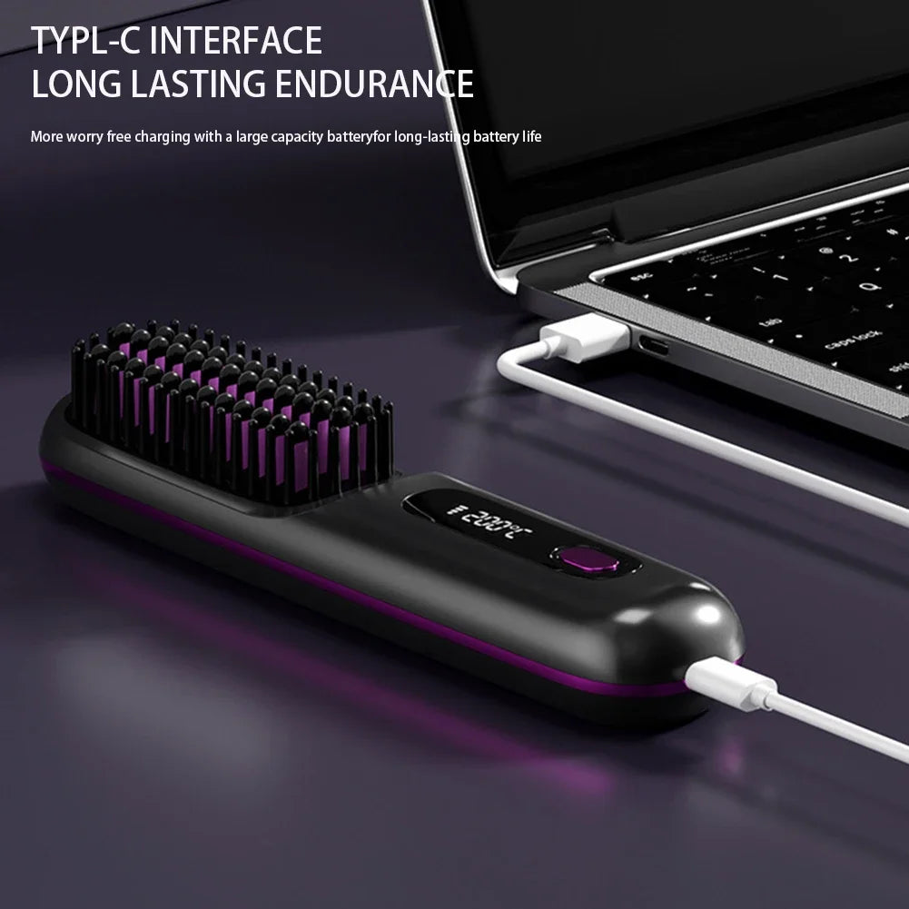 Wireless USB-Charging Hair Straightener Brush – Adjustable Heat