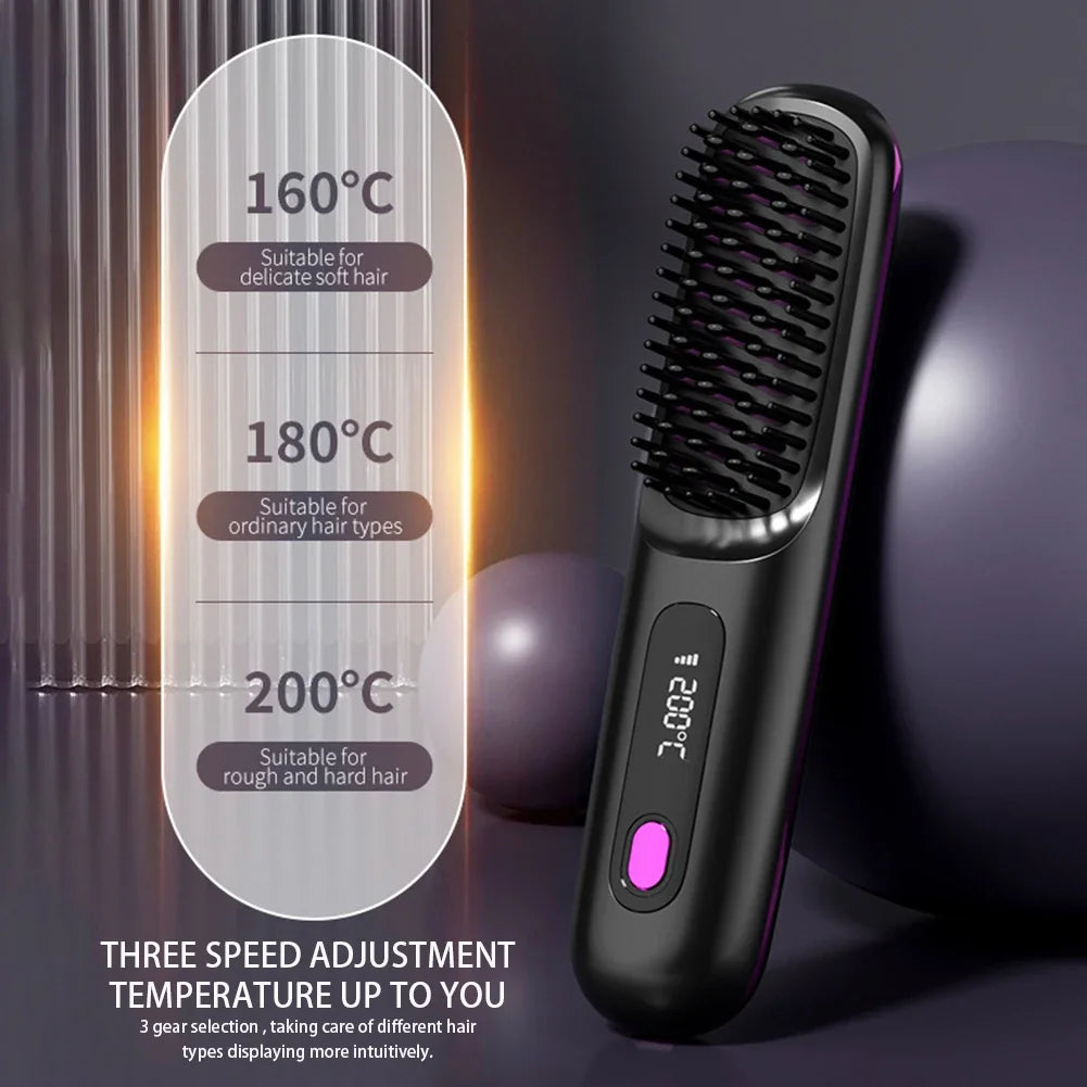 Wireless USB-Charging Hair Straightener Brush – Adjustable Heat