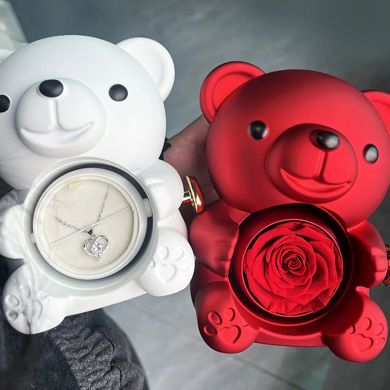 Teddy Bear Gift Box with Rotating Rose Jewelry Case & Necklace 🌹🐻✨