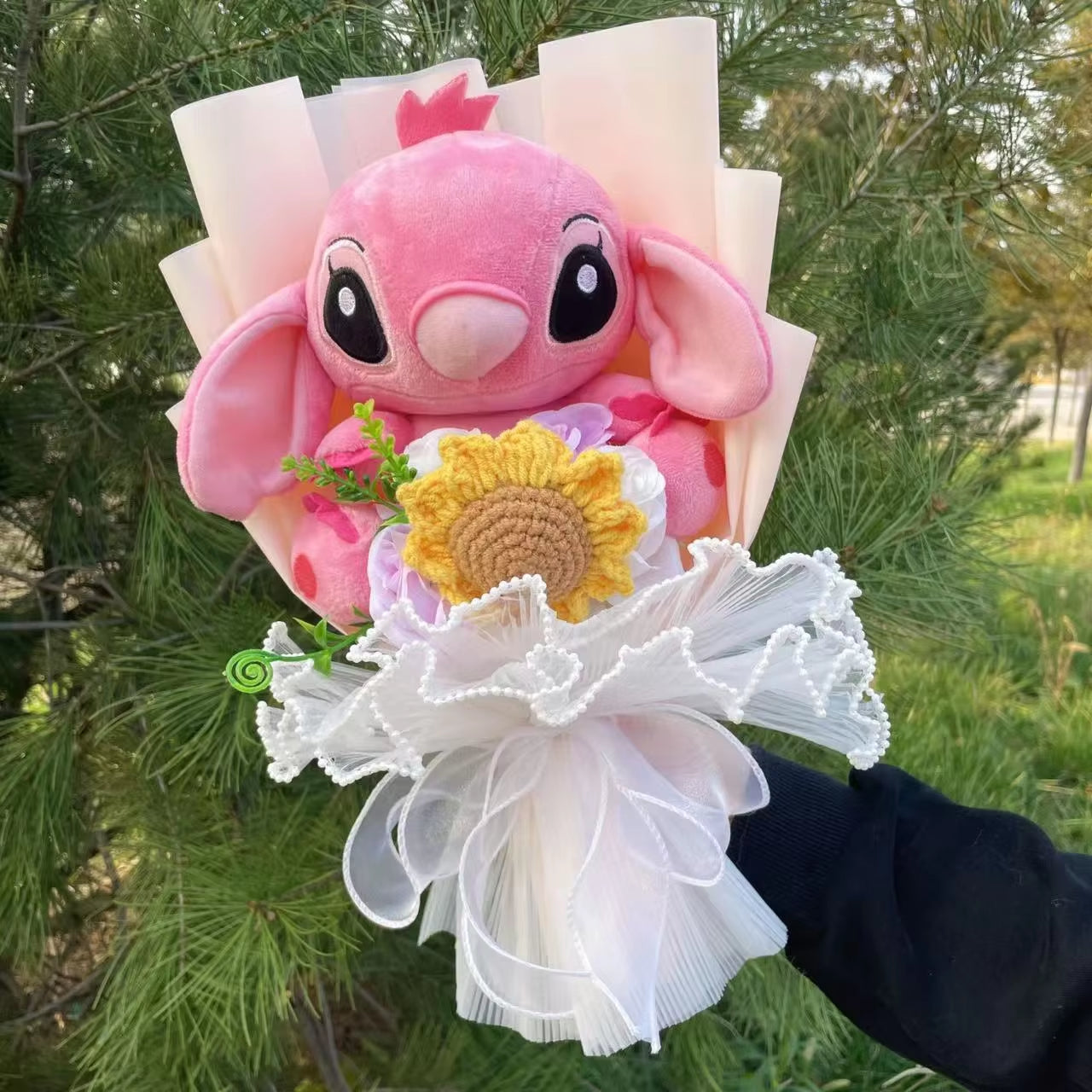 Stitch Plush Doll with Flower Bouquet – Handmade Gift for All Occasions