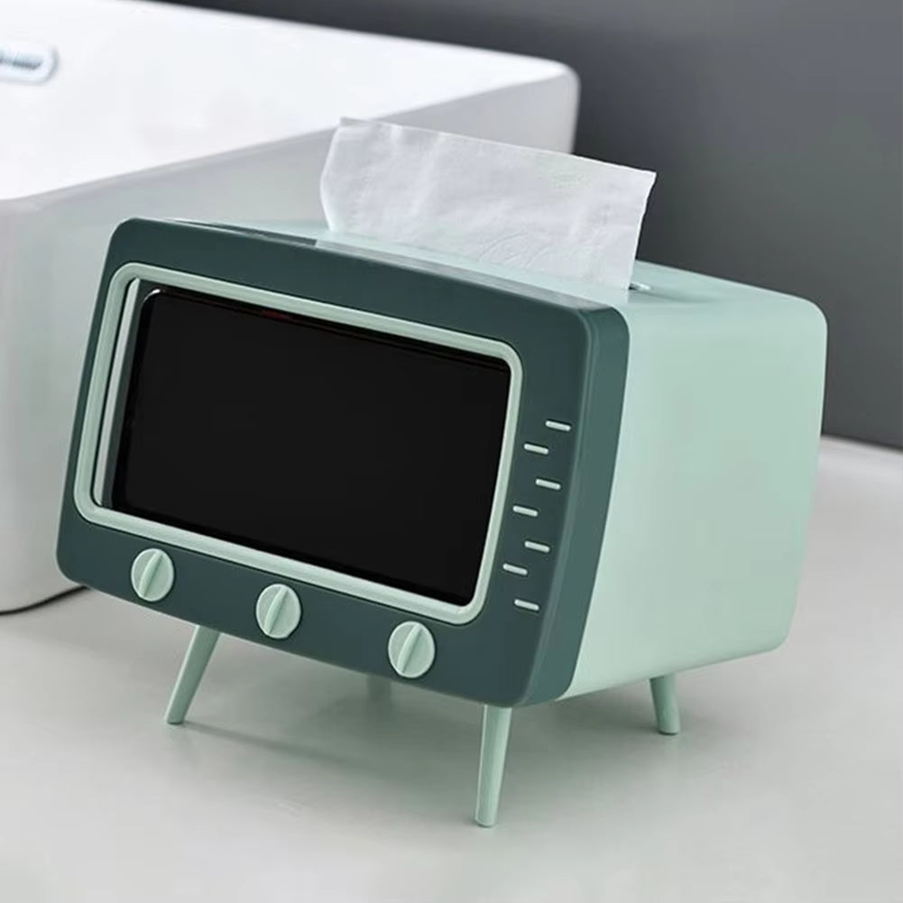 Cartoon TV Tissue Box with Phone Holder – Kawaii Desktop Decor for Home, Office & Bathroom