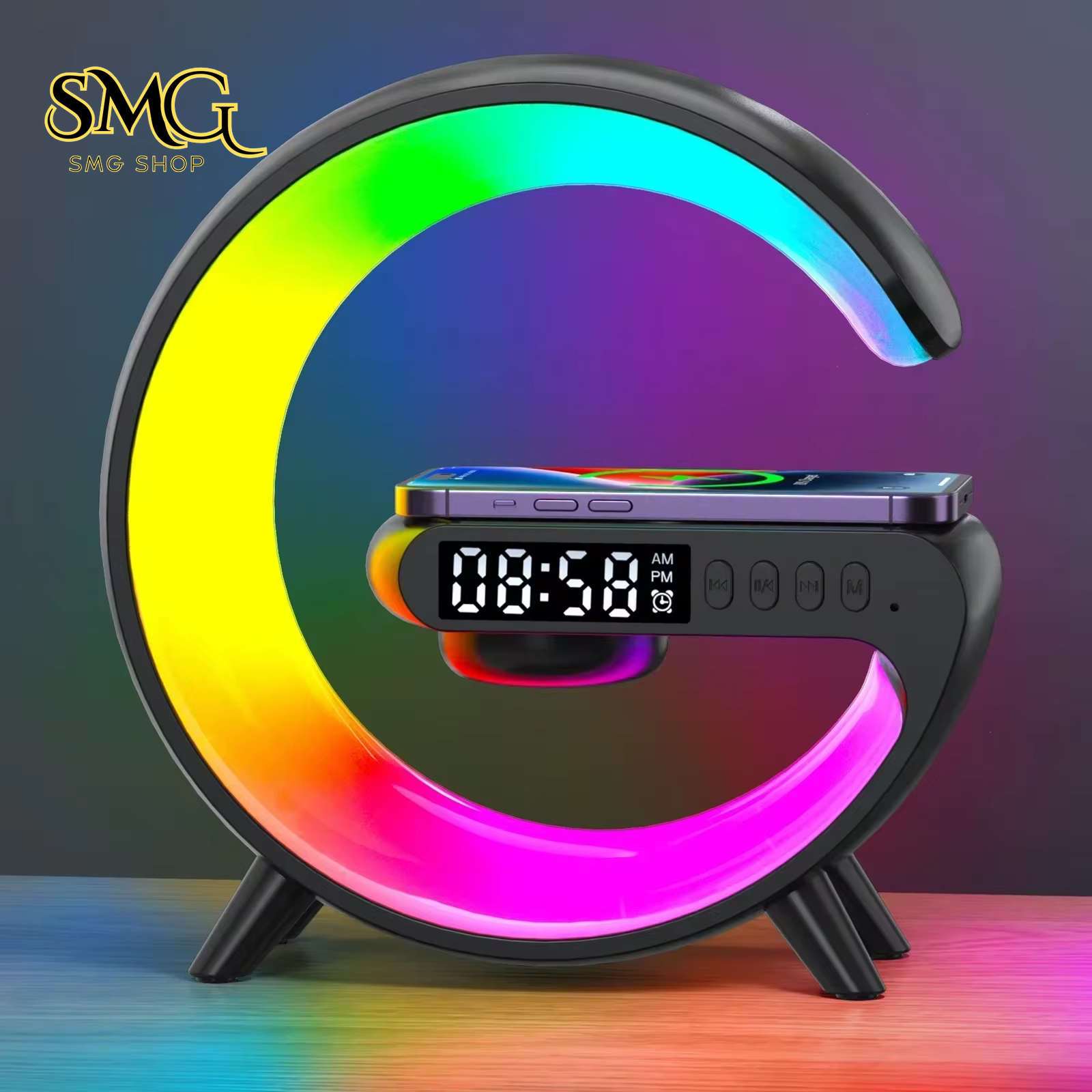 Multifunction Wireless Charging Station – RGB Light Alarm Clock Speaker & Fast Charger