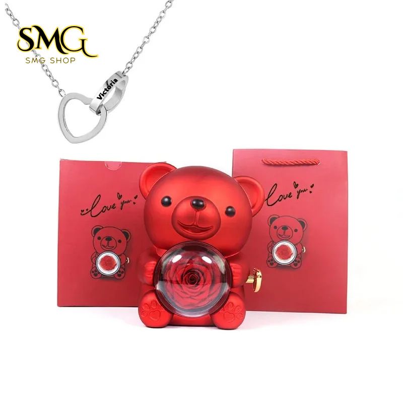 Teddy Bear Gift Box with Rotating Rose Jewelry Case & Necklace 🌹🐻✨