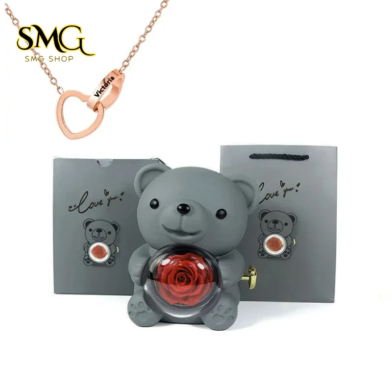 Teddy Bear Gift Box with Rotating Rose Jewelry Case & Necklace 🌹🐻✨