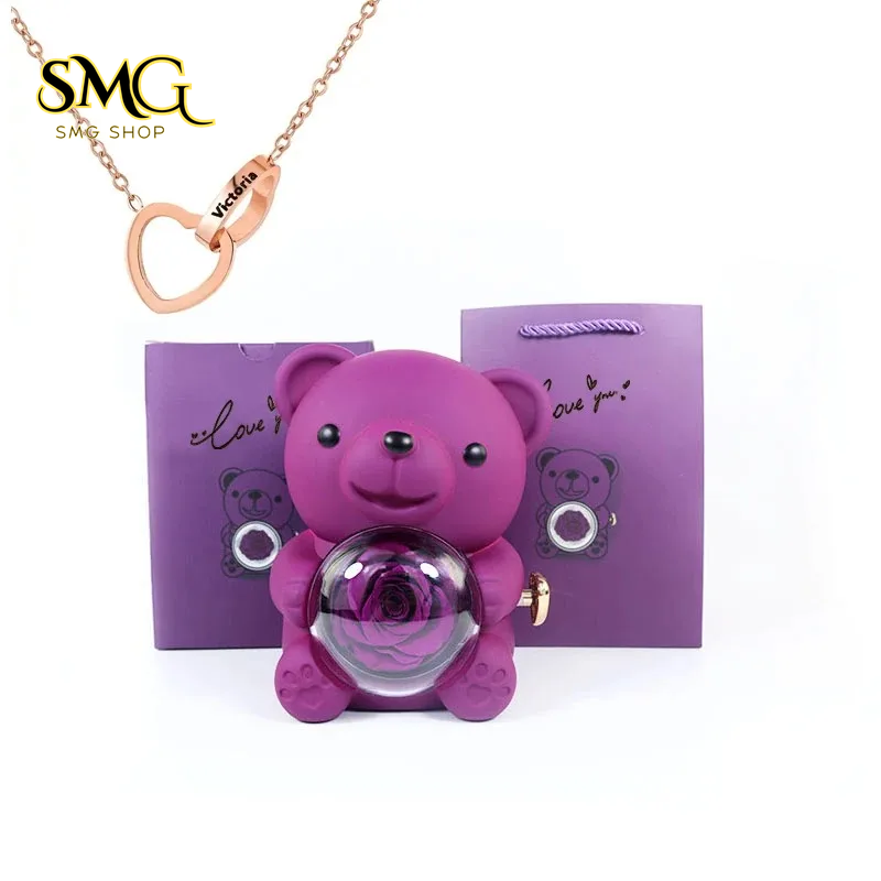 Teddy Bear Gift Box with Rotating Rose Jewelry Case & Necklace 🌹🐻✨