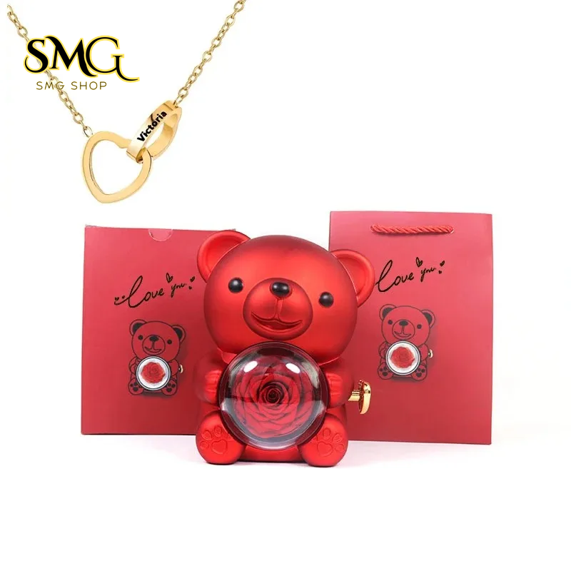 Teddy Bear Gift Box with Rotating Rose Jewelry Case & Necklace 🌹🐻✨